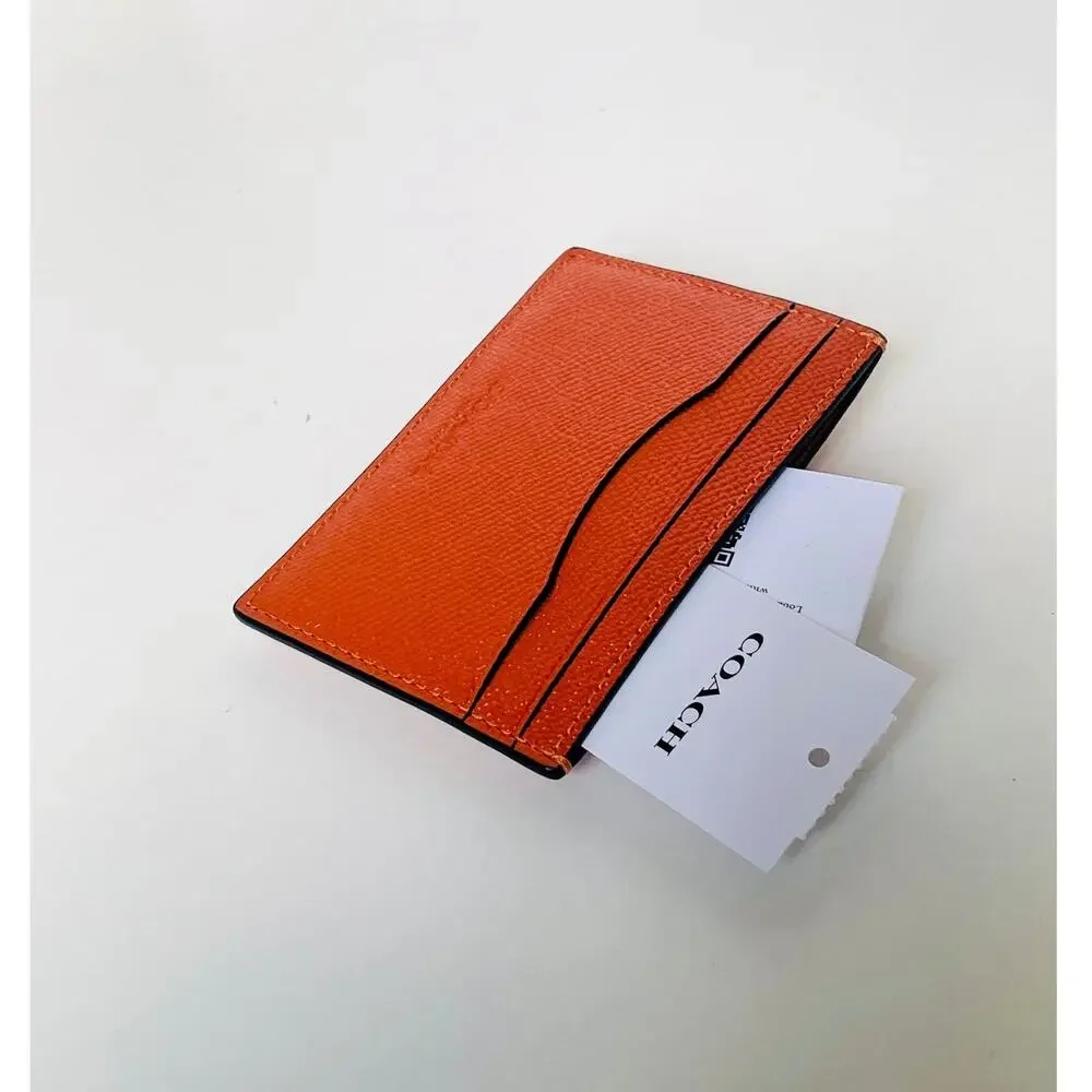 Coach Card Case Money Clip Spice Orange Crossgrain Leather Mens CDC79